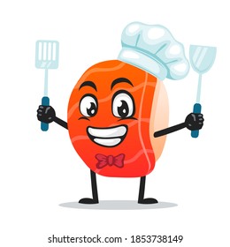 vector illustration of sushi mascot or character wearing chef hat and holding spatula