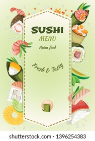 Vector illustration for the Sushi menu. Various sushi and ingredients protruding from under the stitched parchment. Gradient background, rice grains and red caviar