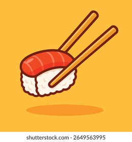 Vector illustration of sushi nigiri with chopsticks in cartoon style. Ideal for Japanese food, restaurants, and cultural cuisine content.

