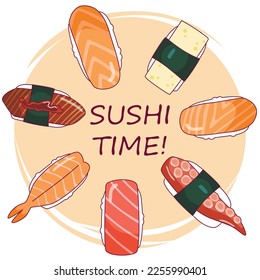 vector illustration of sushi nigiri set 
against orange circle background with letterings Sushi time. Cafe poster, signboard, asian cuisine menu decoration, ad banner design
