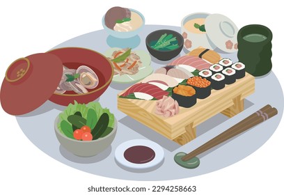 Vector illustration of sushi on sushi geta