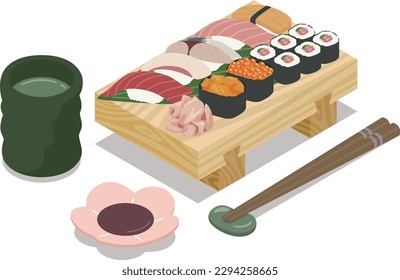 Vector illustration of sushi on sushi geta