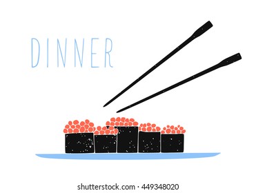 Vector illustration of sushi on a plate. Japanese food 