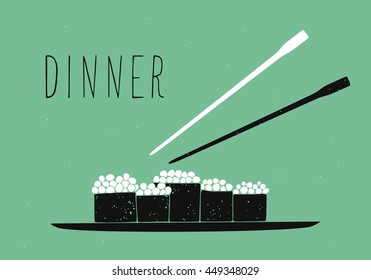 Vector illustration of sushi on a plate. Japanese food on green background