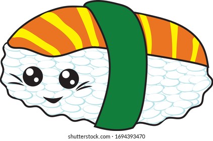 Vector illustration of sushi, rice, fish, herbs. With eyes and a smile. Japanese food art in cartoon doodle style. Baby sushi menu.