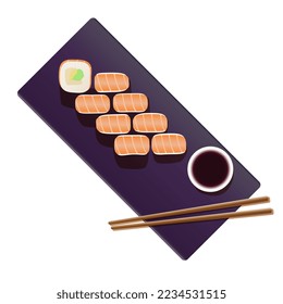 Vector illustration of sushi roll, japanese food, asian food, fish, nori, rice. Isolated on a white background