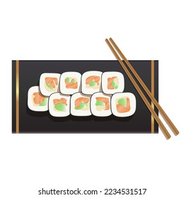 Vector illustration of sushi roll, japanese food, asian food, fish, nori, rice. Isolated on a white background