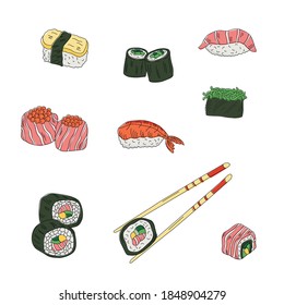 Vector illustration of sushi and rolls for a sushi bar, restaurant, café, delivery menu design, poster, banner, business card. Set of line colorful objects