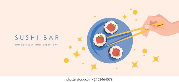 Vector illustration. Sushi, rolls bar brochure, background for website, landing page, banner. Modern design. Food, menu, Japanese cuisine.
