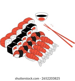 Ilustração vetorial de sushi, rolos com peixe, camarão, molho de soja e pauzinhos em um fundo branco.