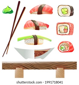 Vector illustration of sushi, rolls, little table, food sticks, bowl with soy sauce