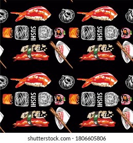Vector illustration of sushi and rolls. Seamless seam, pattern, print. High detail rendering.