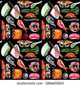 Vektorgrafik von Sushi und Rollen. Nahtlose Naht, Muster, Druck. Hohe Detailwiedergabe.