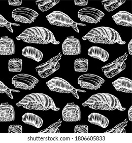 Vector illustration of sushi and rolls. Seamless seam, pattern, print. High detail rendering.