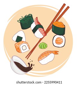 vector illustration of sushi rolls set and chopsticks in motion against orange circle background. Cafe poster, signboard, asian cuisine menu decoration, ad banner design