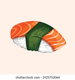 Ilustración vectorial de sushi con salmón, arroz y hoja de nori. Cocina tradicional japonesa para stickers, web, sitio web, menú, tienda, restaurante. Nigiri.