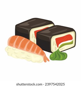 Vector illustration of sushi and sashimi. Asian food sushi on wooden board with sushi chopsticks and wasabi. Sushi illustration with trout fish, salmon in trendy minimalism style.