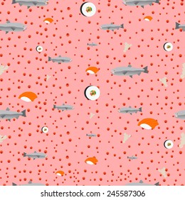 Vector illustration of sushi seamless pattern. Asian food seamless pattern. Isolated asian food icon.