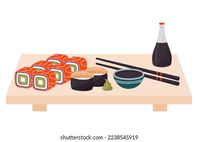vector illustration with sushi set and chopsticks