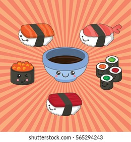 Vector illustration of sushi set in kawaii style. Sushi and rolls with tuna, salmon, caviar and soy sauce.