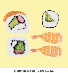 Vector illustration of sushi set nigiri, rolls served in traditional Japan. Asian food, sushi, rice, fish, avocado, shrimp isolated