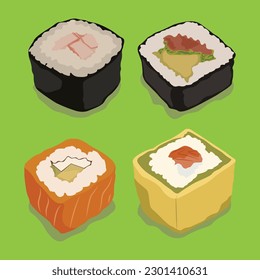 Vector illustration of sushi set nigiri, rolls served in traditional Japan. Asian food, sushi, rice, fish, avocado, shrimp isolated