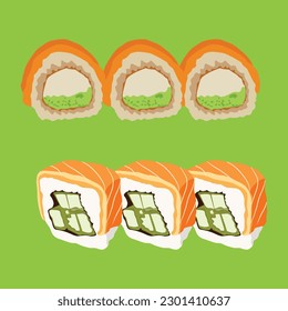 Vector illustration of sushi set nigiri, rolls served in traditional Japan. Asian food, sushi, rice, fish, avocado, shrimp isolated