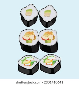 Vector illustration of sushi set nigiri, rolls served in traditional Japan. Asian food, sushi, rice, fish, avocado, shrimp isolated