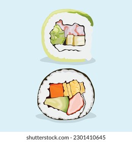 Vector illustration of sushi set nigiri, rolls served in traditional Japan. Asian food, sushi, rice, fish, avocado, shrimp isolated