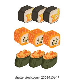 Vector illustration of sushi set nigiri, rolls served in traditional Japan. Asian food, sushi, rice, fish, avocado, shrimp isolated