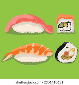 Vector illustration of sushi set nigiri, rolls served in traditional Japan. Asian food, sushi, rice, fish, avocado, shrimp isolated