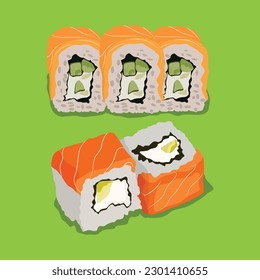 Vector illustration of sushi set nigiri, rolls served in traditional Japan. Asian food, sushi, rice, fish, avocado, shrimp isolated