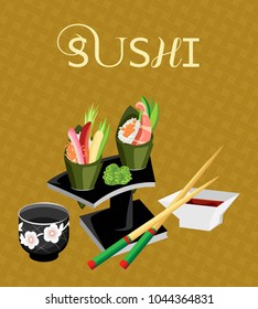 Vector illustration with sushi stand temaki with a cup for sake and chopsticks on a mat background.