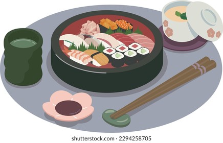 Vector illustration of sushi and steamed egg custard.