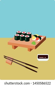 A vector illustration of sushi and 
 sushi-roll set on a traditional wooden plank with food sticks and soy sauce on a yellow table 