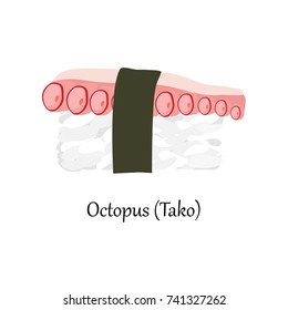 Vector illustration sushi tako nigiri with octopus isolated on white. Japanese traditional food.