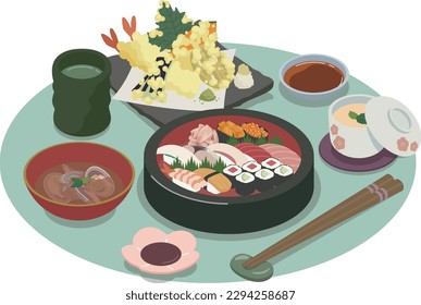 Vector illustration of sushi and tempura set meal