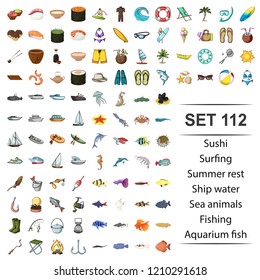 Vector illustration of sushi,surfing,summer, rest,ship water sea animals fishing aquarium fish icon set.