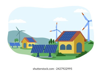Vector Illustration of Sustainability through Renewable Energy, windmills and house with solar panels on rooftop flat illustration.