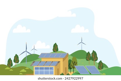 Vector Illustration of Sustainability through Renewable Energy, windmills and house with solar panels on rooftop flat illustration.