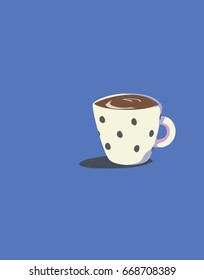 Vector illustration of a sute funny cup or a mug full of chocolate or morning coffee or cacao. White on the blue background.