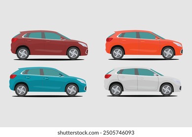 Ilustración vectorial de coche SUV en estilo plano de dibujos animados. Conjunto de iconos de coche de lujo moderno. Tecnología moderna del vehículo utilitario del deporte de la tierra colorida