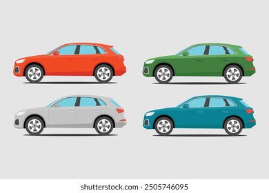 Ilustración vectorial de coche SUV en estilo plano de dibujos animados. Conjunto de iconos de coche de lujo moderno. Tecnología moderna del vehículo utilitario del deporte de la tierra colorida