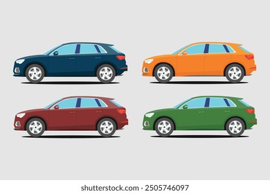 Ilustración vectorial de coche SUV en estilo plano de dibujos animados. Conjunto de iconos de coche de lujo moderno. Tecnología moderna del vehículo utilitario del deporte de la tierra colorida