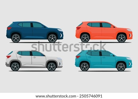 Vector illustration of SUV car in cartoon flat style. Modern luxury car icon set. Colorful land Sport Utility Vehicle modern technology