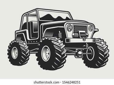 Vector illustration with an SUV on a light background. 