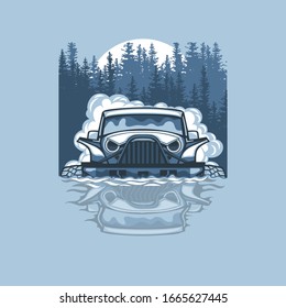 Vector illustration with a SUV passing impassable obstacles.