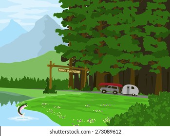 Vector Illustration Of An SUV Pulling A Camper In To A Mountain Camp Ground Driving Past A Trout Jumping Out Of The Water.