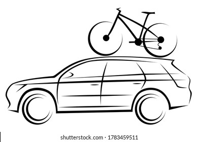 Vector illustration of a SUV or station wagon car with a mountain bike on a roof for sport and adventures