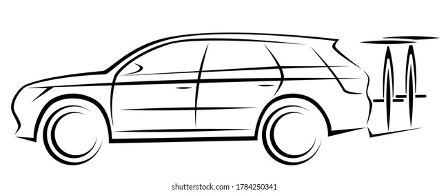 Vector Illustration Of A SUV Or Station Wagon Car With A Mountain Bike On A Back Rack For Sport And Adventures